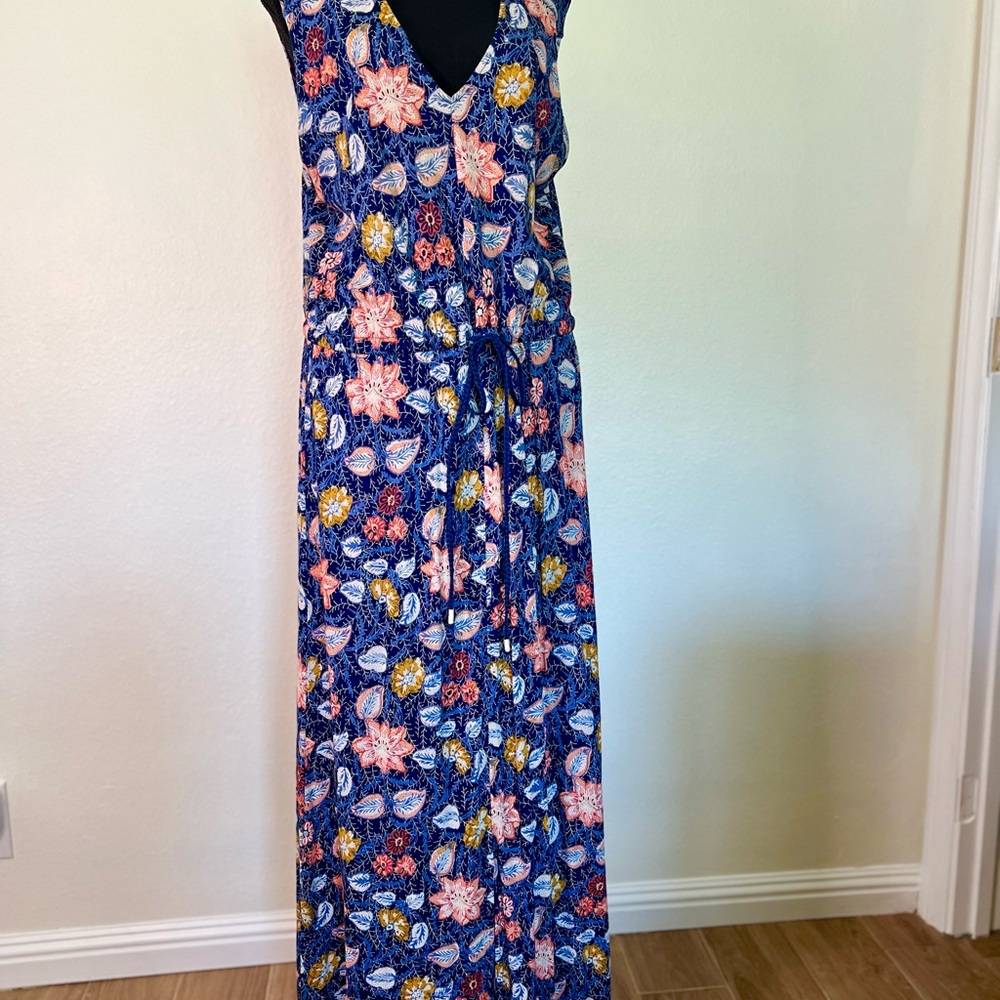 Lucky Brand Navy Floral Maxi Dress with Pink and Mustard Accents